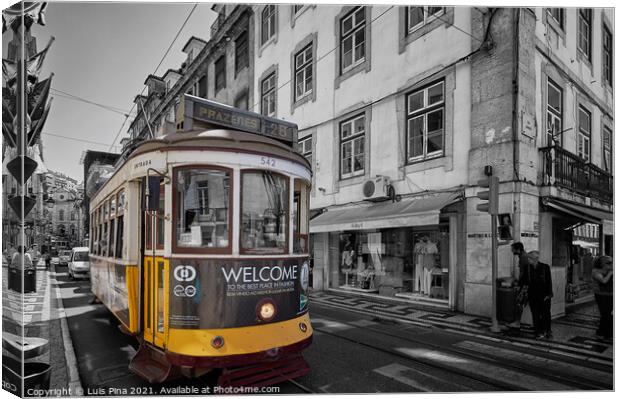 Lisbon Yellow Tram in black and white, in Portugal Canvas Print by Luis Pina