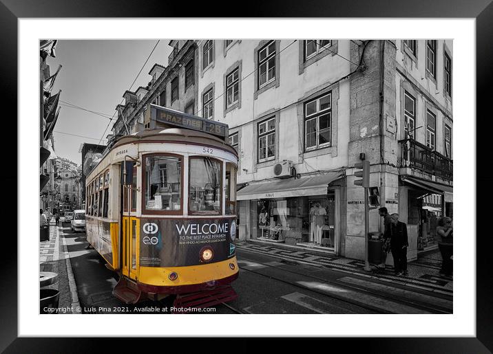 Lisbon Yellow Tram in black and white, in Portugal Framed Mounted Print by Luis Pina