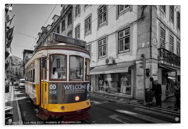 Lisbon Yellow Tram in black and white, in Portugal Acrylic by Luis Pina