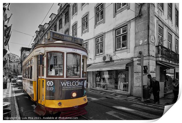 Lisbon Yellow Tram in black and white, in Portugal Print by Luis Pina