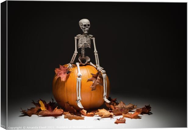 Skeleton With Pumpkin & Leaves Canvas Print by Amanda Elwell