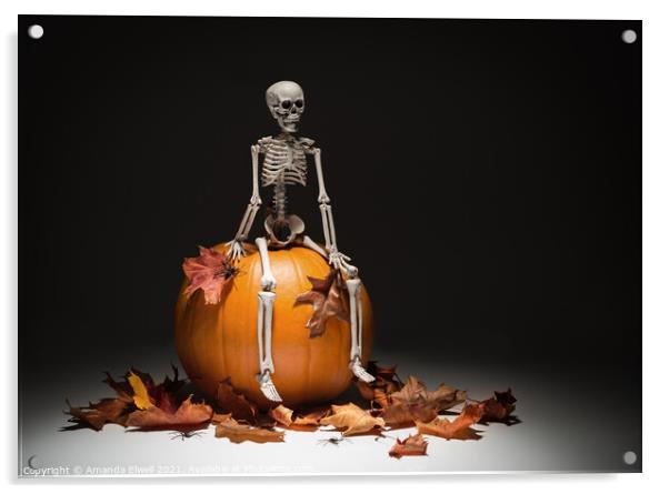 Skeleton With Pumpkin & Leaves Acrylic by Amanda Elwell