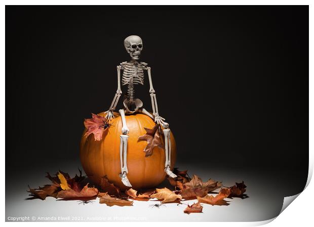 Skeleton With Pumpkin & Leaves Print by Amanda Elwell