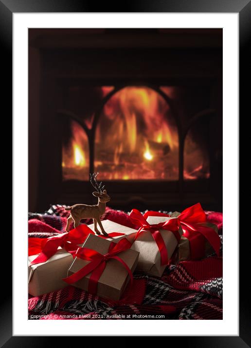 Christmas Gifts By The Fireplace Framed Mounted Print by Amanda Elwell