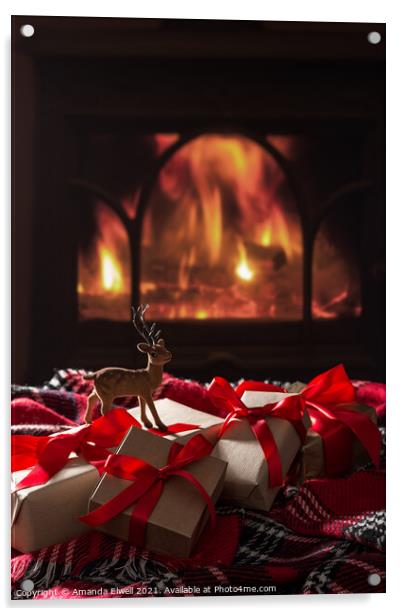Christmas Gifts By The Fireplace Acrylic by Amanda Elwell