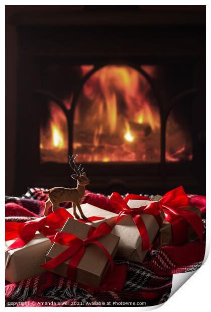Christmas Gifts By The Fireplace Print by Amanda Elwell
