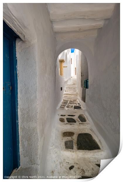 Backstreet scene of the hillside village of kastro on Sifnos Isl Print by Chris North