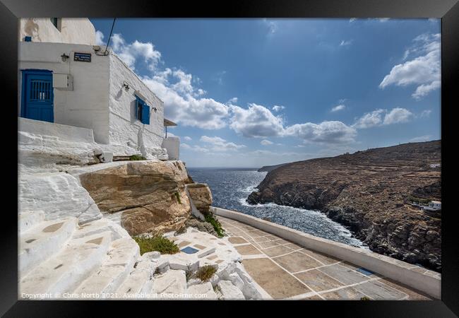House overlooking the sparkling Mediterranean Sea in the hillside village of Kastro on Sifnos Island. Framed Print by Chris North