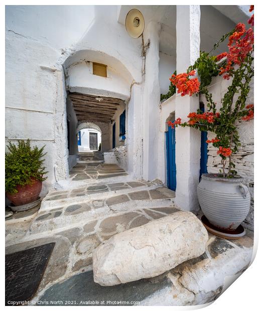 Backstreet scene of the hillside village of kastro on Sifnos Island. Print by Chris North