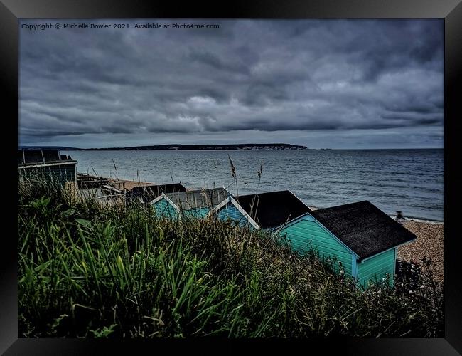 Cloudy Beach Huts Milford on Sea Framed Print by Michelle Bowler
