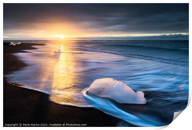 Beautiful sunrise at the famous Diamond beach, Iceland. Print by Paulo Rocha