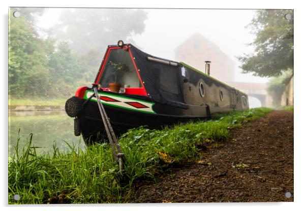 Moored narrow boat in the mist. Acrylic by Clive Wells