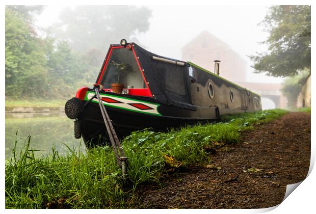Moored narrow boat in the mist. Print by Clive Wells