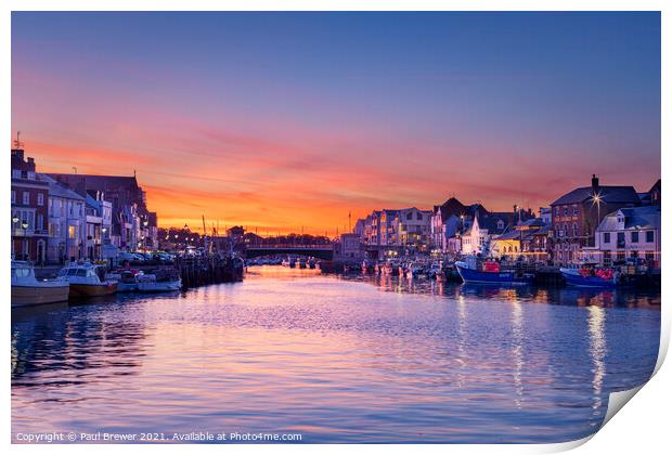 Weymouth Harbour and Harbourside at night Print by Paul Brewer