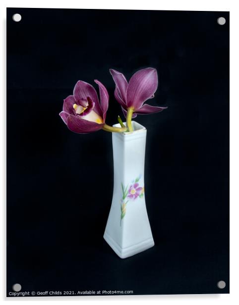  Pretty pink Cymbidium Orchid in a Vase on black. Acrylic by Geoff Childs