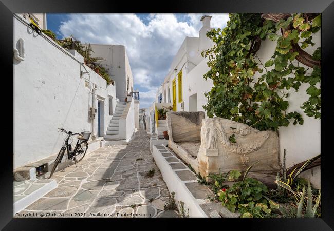 Backstreet scene of the hillside village ofKastro on Sifnos Greek Islands. Framed Print by Chris North