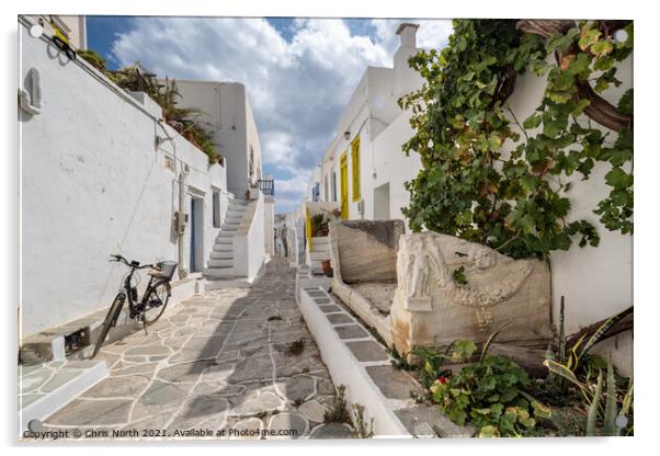 Backstreet scene of the hillside village ofKastro on Sifnos Greek Islands. Acrylic by Chris North
