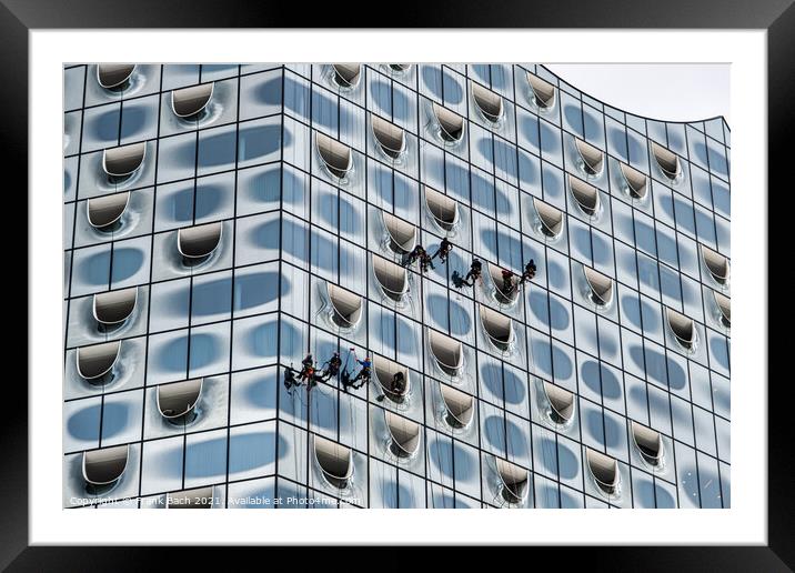 Elbphilharmonie window cleaners at modern concert hall in Hambur Framed Mounted Print by Frank Bach