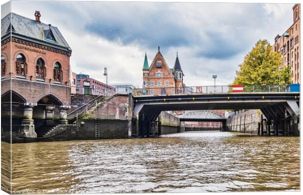 Canals and warehouses in Speicherstadt of Hamburg, Germany Canvas Print by Frank Bach