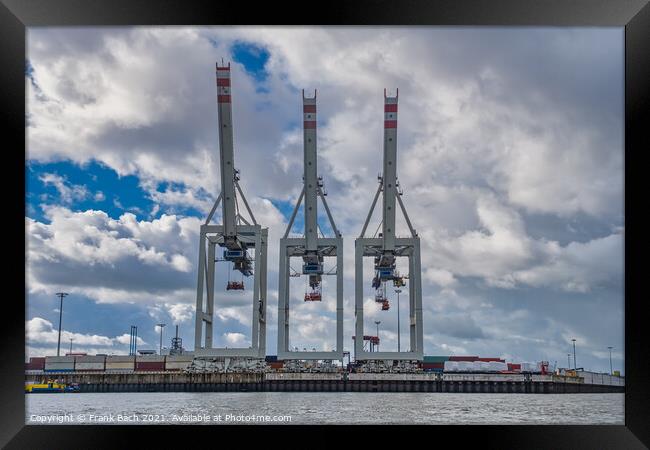 Container cranes in Hamburg harbor, Germany Framed Print by Frank Bach