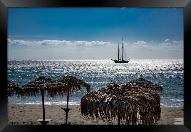 Yacht, at anchor off shore at Platis Gialos, Sifnos. Framed Print by Chris North