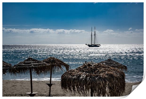 Yacht, at anchor off shore at Platis Gialos, Sifnos. Print by Chris North