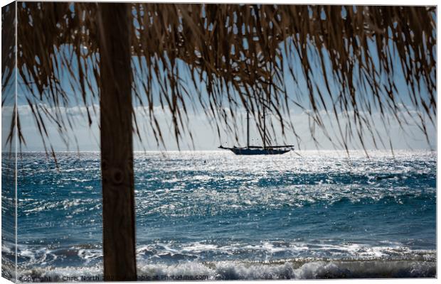 Yacht, at anchor of shore at Platis Gialos, Sifnos Canvas Print by Chris North
