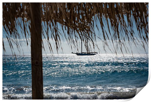 Yacht, at anchor of shore at Platis Gialos, Sifnos Print by Chris North