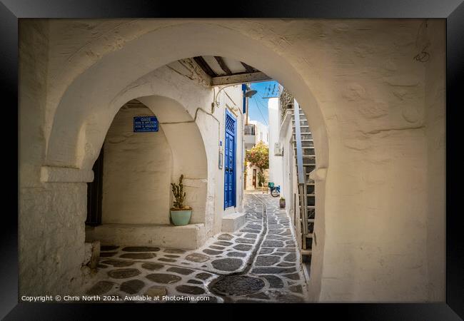 The back streets ofold  Paros town Framed Print by Chris North