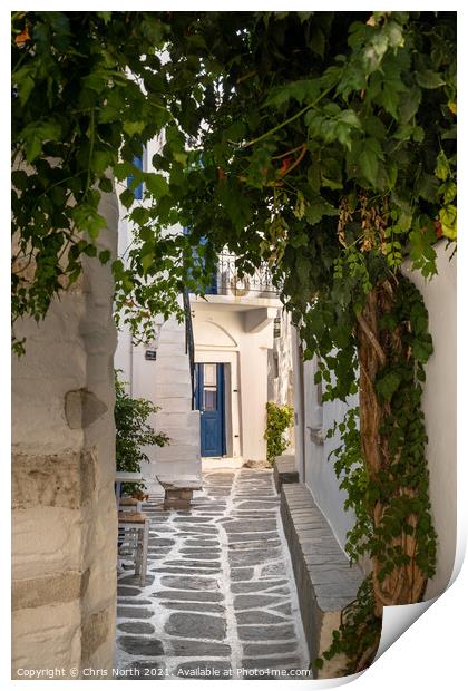 The back streets of old  Paros town. Print by Chris North