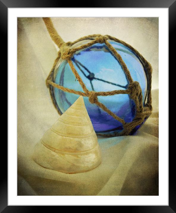 blue glass and seashell Framed Mounted Print by Heather Newton