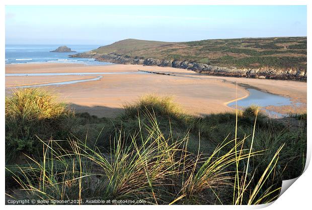 Crantock Beach from The Sand Dunes in Cornwall Print by Rosie Spooner
