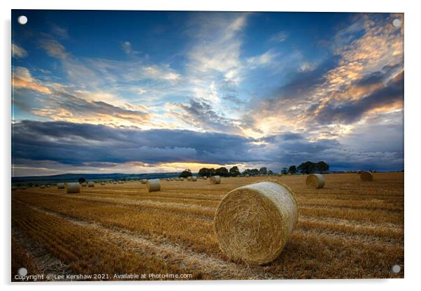 Hay Rolls in a Northumbrian sunset Acrylic by Lee Kershaw