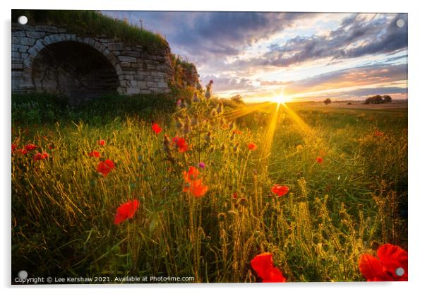 Lime Kiln sunset in a Poppy field at Rennington Northumberland Acrylic by Lee Kershaw