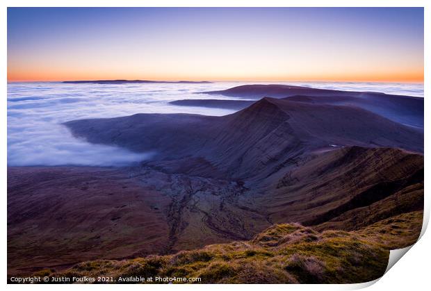 Dawn over Cribyn, from Pen y Fan. Brecon Beacons,  Print by Justin Foulkes