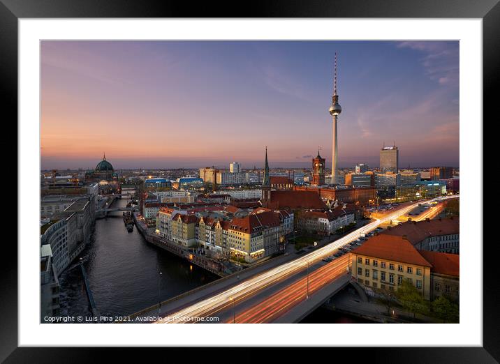 Aerial view of Berlin skyline and Spree river at sunset Framed Mounted Print by Luis Pina