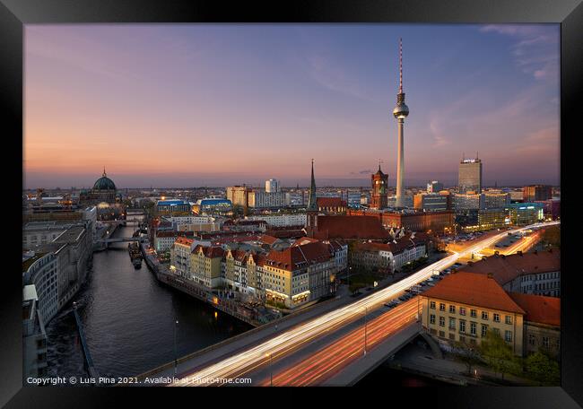Aerial view of Berlin skyline and Spree river at sunset Framed Print by Luis Pina