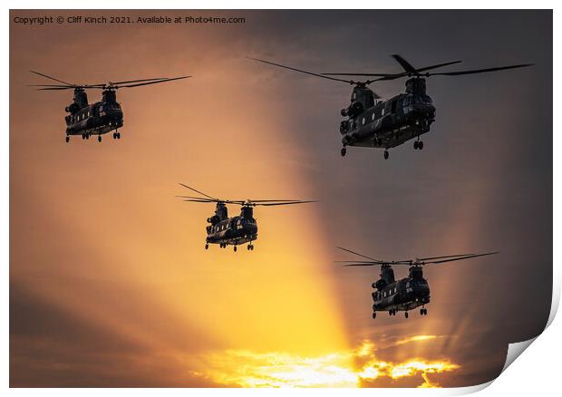 Chinook evening flight Print by Cliff Kinch