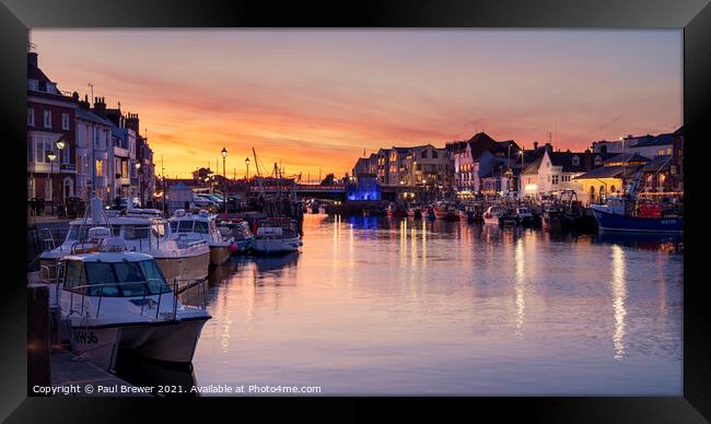 Weymouth Harbour and Harbourside at night Framed Print by Paul Brewer