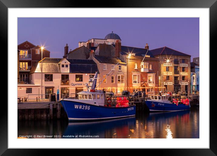 Weymouth Harbour and Harbourside at night Framed Mounted Print by Paul Brewer