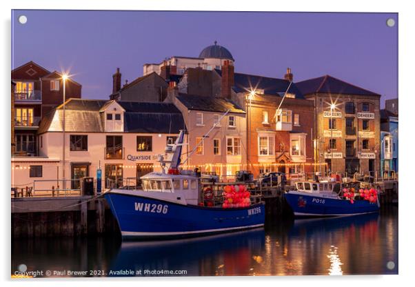 Weymouth Harbour and Harbourside at night Acrylic by Paul Brewer