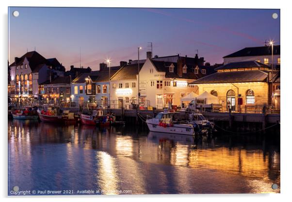 Weymouth Harbour and Harbourside at night Acrylic by Paul Brewer