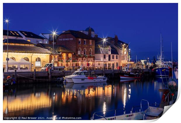 Weymouth Harbour and Harbourside at night Print by Paul Brewer