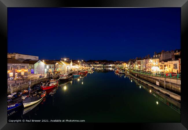 Weymouth Harbour and Harbourside at night Framed Print by Paul Brewer