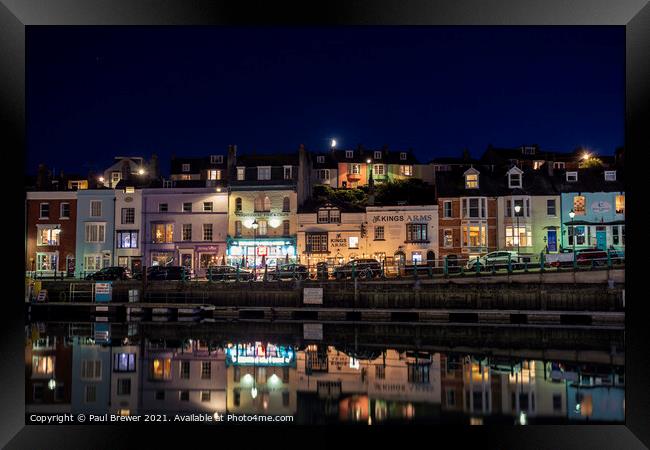 Weymouth Harbour and Harbourside at night Framed Print by Paul Brewer