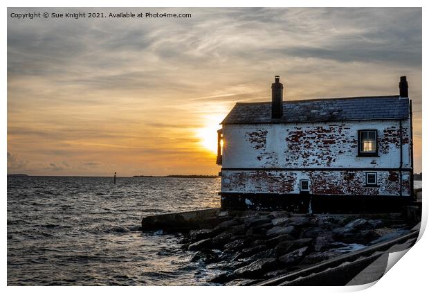 Golden light and Lepe watch house Print by Sue Knight