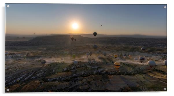 Panoramic view of bunch of colorful hot air balloon flying again Acrylic by Arpan Bhatia