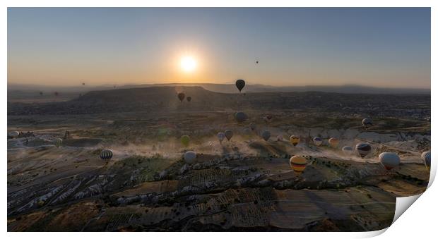 Panoramic view of bunch of colorful hot air balloon flying again Print by Arpan Bhatia