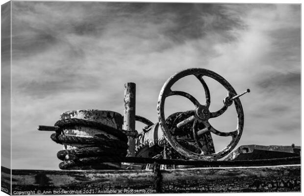 An old barge anchor winch in monochrome Canvas Print by Ann Biddlecombe