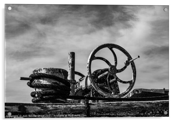 An old barge anchor winch in monochrome Acrylic by Ann Biddlecombe
